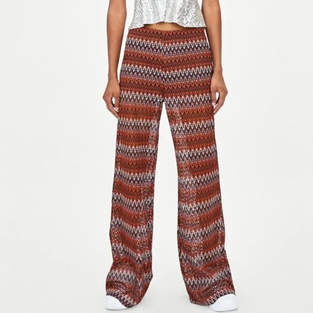 ZARA Trafaluc Zig Zag Chevron Open Knit Wide Leg Pants - Small